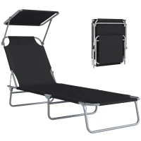 Outsunny Outdoor Pool Chaise Lounge Chair, Folding Tanning Chair with Sun Shade, Black(m-11)