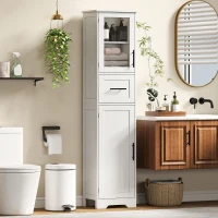 HOMCOM 67" Tall Bathroom Storage Cabinet, Freestanding Narrow Bathroom Cabinet with Adjustable Shelves, Glass Door and Drawer(m-8)