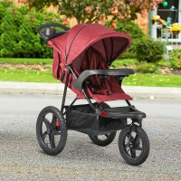 Qaba Baby Stroller Foldable Carriage for Toddler with Adjustable Backrest and Canopy Suspension System Rubber Tire 5-Point Harness Cup Holder Storage Basket Red(m-10)