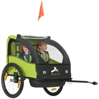 Aosom 2 Seat Bike Trailer for Kids, Bicycle Trailer with Storage Bag, 5 Point Harness, Bicycle Trailer with 20" Wheels, Green(m-9)