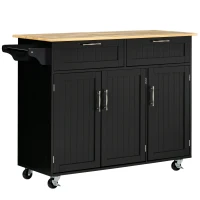 HOMCOM Mobile Kitchen Island with Storage, Kitchen Cart with Wood Top, Storage Drawers, 3-door Cabinets, Adjustable Shelves and Towel Rack, Black(m-1)