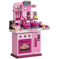 Qaba Kids Play Kitchen with Lights, Sounds, 33 Accessories & Storage for Toddler 3-6 Years(m-13)