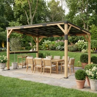 Outsunny 10' x 14' Wooden Gazebo, Hardtop Lean-to Gazebo Pergola with Galvanized Steel Sloped Roof, Bar Shelf, Natural Wood(m-7)