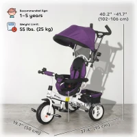 Qaba 6 in 1 Toddler Tricycle Stroller with Basket, Canopy, 5-point Safety Harness, for 12-60 Months, Purple(m-3)