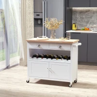HOMCOM Rolling Kitchen Island Cart, Trolley Cart with Wine Rack, Rubberwood Top, Drawer and Hook, White(m-15)