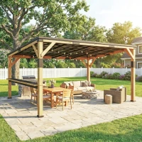 Outsunny 10' x 14' Wooden Gazebo, Hardtop Lean-to Gazebo Pergola with Galvanized Steel Sloped Roof, Bar Shelf, Natural Wood(m-11)