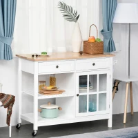 HOMCOM Rolling Kitchen Island with Storage, Kitchen Cart with Solid Wood Top, Glass Door Cabinet, Adjustable Shelf, Towel Rack, 2 Drawers for Dining Room, White(m-10)