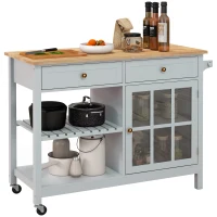 HOMCOM Rolling Kitchen Island with Storage, Kitchen Cart with Solid Wood Top, Glass Door Cabinet, Adjustable Shelf, Towel Rack, 2 Drawers for Dining Room, Gray(m-1)