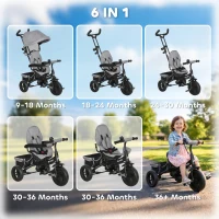 Qaba 6 in 1 Toddler Tricycle Stroller with Basket, Canopy, 5-point Safety Harness, for 12-60 Months, Grey(m-4)