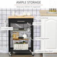 HOMCOM 3-Tier Kitchen Cart, Utility Cart with Solid Wood Top, Steel Basket, Rolling Kitchen Island with Drawer, Microwave Stand, Black(m-4)
