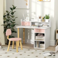 Qaba Kids Study Table and Chair Set, Kids Desk and Chair Set w/ Storage and Shelves, for 3-8 Year Old, Pink(m-8)