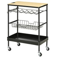 HOMCOM Rolling Kitchen Cart, 3-Tier Utility Storage Trolley with Wine Rack, Mesh Drawer and Side Hooks for Dining Room, Black/Natural(m-17)