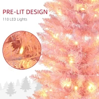 HOMCOM 5' Pre Lit Artificial Pencil Christmas Trees, Xmas Tree with Realistic Branches and Warm White LED Lights, Pink(m-5)