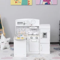 Qaba Corner Kids Kitchen Playset, Wooden Pretend Toy Kitchen Set with Drinking Fountain, Microwave, Fridge and Accessories, Pretend Play Kitchen for 3+ Years, White(m-10)