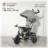 Qaba 6 in 1 Toddler Tricycle Stroller with Basket, Canopy, 5-point Safety Harness, for 12-60 Months, Grey(m-3)