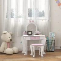 Qaba Kids Makeup Vanity Set with Stool, Mirror, Drawer, Storage Boxes, Rabbit Design, White(m-8)