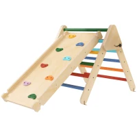 Qaba Pikler Triangle Set, 3 in 1 Climbing Toys with Ramp for Toddlers, Nature Wood(m-2)