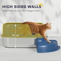 PawHut Stainless Steel Cat Litter Box, Cat Litter Box with High Side and Scoop, Anti-Leakage, Easy to Clean, Navy Blue(m-6)