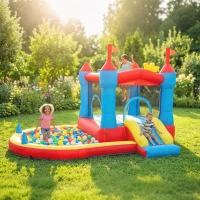 Qaba Bouncy Castle for Kids, Inflatable Bounce House with Slide, Pool/Ball Pit, Basketball Hoop and Blower for Indoor Outdoor(m-8)