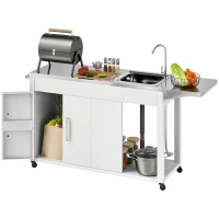 Outsunny Outdoor Grill Table with Stainless Steel Sink and Drainage, Grill Cart with Foldable Side Table and Cabinet, Outdoor Kitchen Island with Wheels, White(m-11)