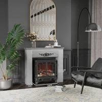 HOMCOM Vintage Fireplace Mantel Surround, Wood Mantels for Fireplace with Decorative Pattern, Interior Width 31", Grey(m-2)