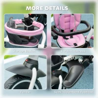 Aosom Tricycle for Toddler 6-in-1 Kids Trike, Foldable Converts Stroller to Baby Push Bike, Adjustable Backrest with Detachable Guardrail & Handle, Brake for 1-4 Years Old, Pink(m-10)