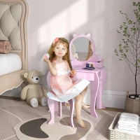 Qaba Makeup Vanity with Mirror and Stool, Cat Design, Drawer, Storage Boxes, for 3-6 Years Old, Pink(m-1)