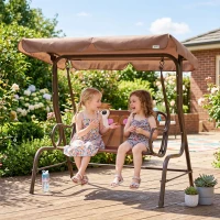 Outsunny 2-Seat Kids Porch Swing Chair, Children Outdoor Patio Furniture Lounge Chair for Garden, with Adjustable Canopy, Seat Belt, Monkey Pattern, for 3-6 Years Old, Coffee(m-1)