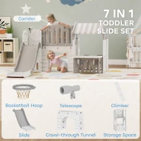 Qaba 7-in-1 Toddler Slide, Kids Slide Climber Playset with Playhouse and Basketball Hoop for 1-4 Years, Grey(m-4)