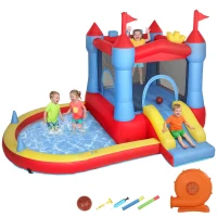 Qaba Bouncy Castle for Kids, Inflatable Bounce House with Slide, Pool/Ball Pit, Basketball Hoop and Blower for Indoor Outdoor(m-9)