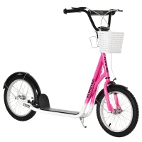 Aosom Youth Scooter, Kick Scooter with Adjustable Handlebars, Double Brakes, 16" Inflatable Rubber Tires, Basket, Cupholder, Pink(m-1)
