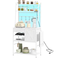 HOMCOM Industrial Kitchen Shelves with Charging Station and LED Lights, Kitchen Storage Rack with Barn Door, White(m-1)