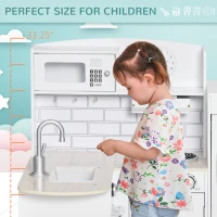 Qaba Corner Kids Kitchen Playset, Wooden Pretend Toy Kitchen Set with Drinking Fountain, Microwave, Fridge and Accessories, Pretend Play Kitchen for 3+ Years, White(m-7)