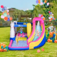 Outsunny Inflatable Water Slide Bounce House with Trampoline, Climbing Wall, Water Cannon, Basketball Hoop, Splash Pool, 450W Blower, Unicorn Themed Bouncy House for Kids 3-8 Years Old(m-3)
