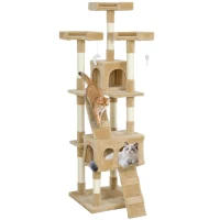 PawHut 68-inch Multi-Level Cat Scratching Tree Kitty Activity Center Post Tower Condo Pet Furniture w/ Toy Light Brown(m-9)