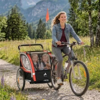 Aosom 2 Seat Bike Trailer for Kids 2-in-1 Double Baby Stroller with Handbrake, Rubber Wheels, 5 Point Harness, Waterproof Cover, Storage Bag, Reflectors, Red(m-1)