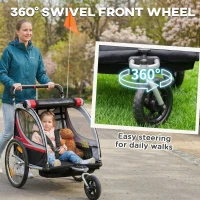 Aosom 2 Seat Bike Trailer for Kids 2-in-1 Double Baby Stroller with Handbrake, Rubber Wheels, 5 Point Harness, Waterproof Cover, Storage Bag, Reflectors, Red(m-9)