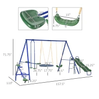 Outsunny 693 lbs Metal Swing Set for Kids, 5 in 1 Outdoor Playset with Heavy Duty A-Frame Stand, 29.5" Saucer Swing, Slide, Teeter-Totter, Glider, for Backyard, Blue(m-3)