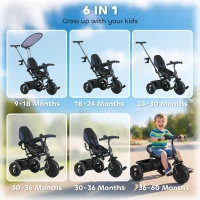 Qaba 6 in 1 Kids Tricycle with Removable Handlebar and Canopy, Navy Blue(m-4)