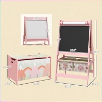 Qaba Toy Box with Lid and Kids Easel with Paper Roll, Blackboard, Whiteboard, Cute Fox Design, for Ages 3-8 Years, Pink(m-3)