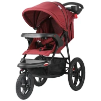 Qaba Baby Stroller Foldable Carriage for Toddler with Adjustable Backrest and Canopy Suspension System Rubber Tire 5-Point Harness Cup Holder Storage Basket Red(m-11)