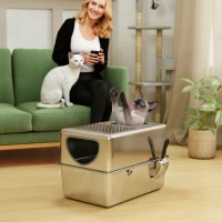 PawHut Stainless Steel Cat Litter Box with Lid, Extra Large Enclosed Litter Box with Top Litter-Catching Holes, Scoop, Silver(m-8)