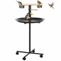 PawHut Portable Bird Play Stand, Parrot Perch Bird Feeder Station with Wheels, Stainless Steel Feeding Bowls, Tray, Gray(m-1)