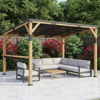 Outsunny 10' x 14' Wooden Gazebo, Hardtop Lean-to Gazebo Pergola with Galvanized Steel Sloped Roof, Bar Shelf, Natural Wood(m-10)
