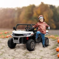 Aosom 12V Ride on Car with Electric Bucket, Two-Seater, Shovel, Remote Control, Spring Suspension, Horn, Music, White(m-1)