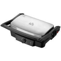 HOMCOM 4 Slice Panini Press Grill, Stainless Steel Sandwich Maker with Non-Stick Double Plates, Locking Lids and Drip Tray, Opens 180 Degrees to Fit Any Type or Size of Food 13"x10.25"x4.75"(m-23)