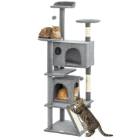 PawHut 54" Cat Tree, Multi-Level Cat Tower with Scratching Posts, Cat Condos, Bed, Platforms, Ramp, Toy Ball, Light Grey(m-9)