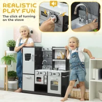 Qaba Play Kitchen for Kids, Pretend Kids Kitchen Playset with Switch Knob Sound, Accessories for Ages 3-8 Years, Dark Brown(m-4)