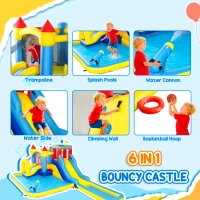 Qaba 6 in 1 Inflatable Water Slide Park with Splash Pools, 2 Slides, Trampoline, Climbing Wall, Cannon, Basketball Hoop(m-4)