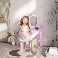 Qaba Makeup Vanity with Mirror and Stool, Cloud Design, Drawer, Storage Boxes, for 3-6 Years Old, Pink(m-1)